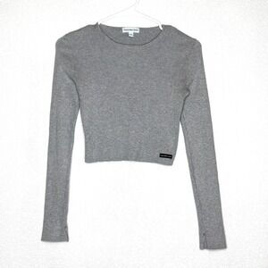 Calvin Klein Womens Sweater Cropped Ribbed Long Sleeve Top XS Y2K Gray Thumbhole
